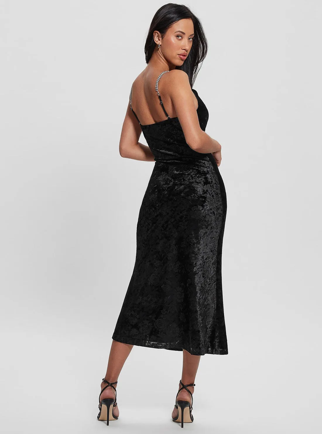 Black Aida Floral Velvet Midi Dress Guess