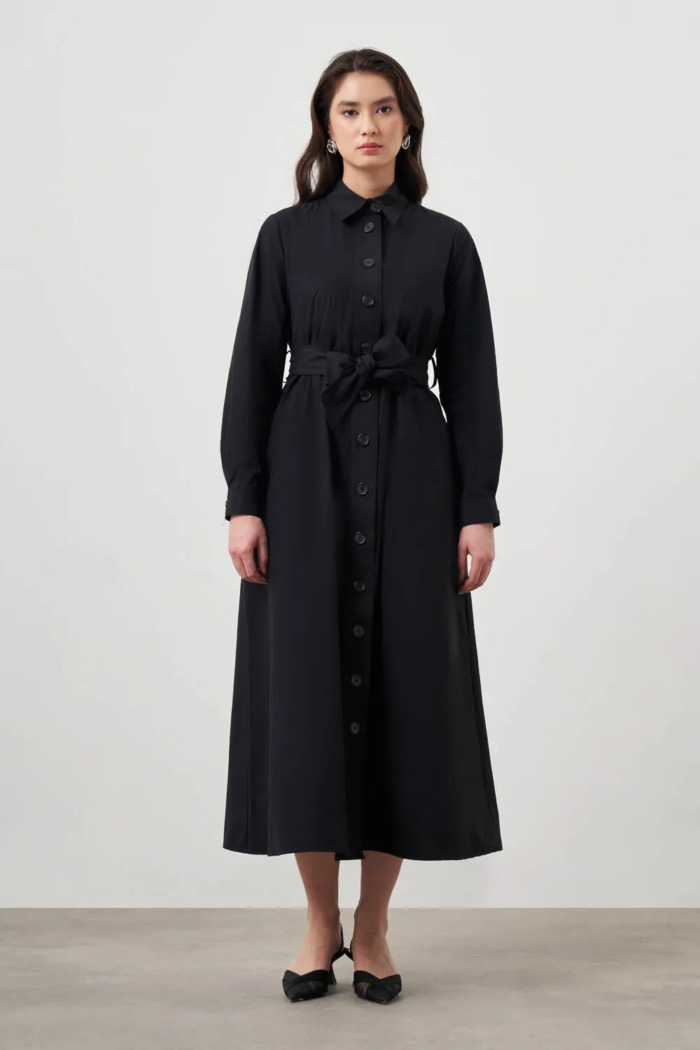 Mizalle Button Up Belted Dress Black Apparel