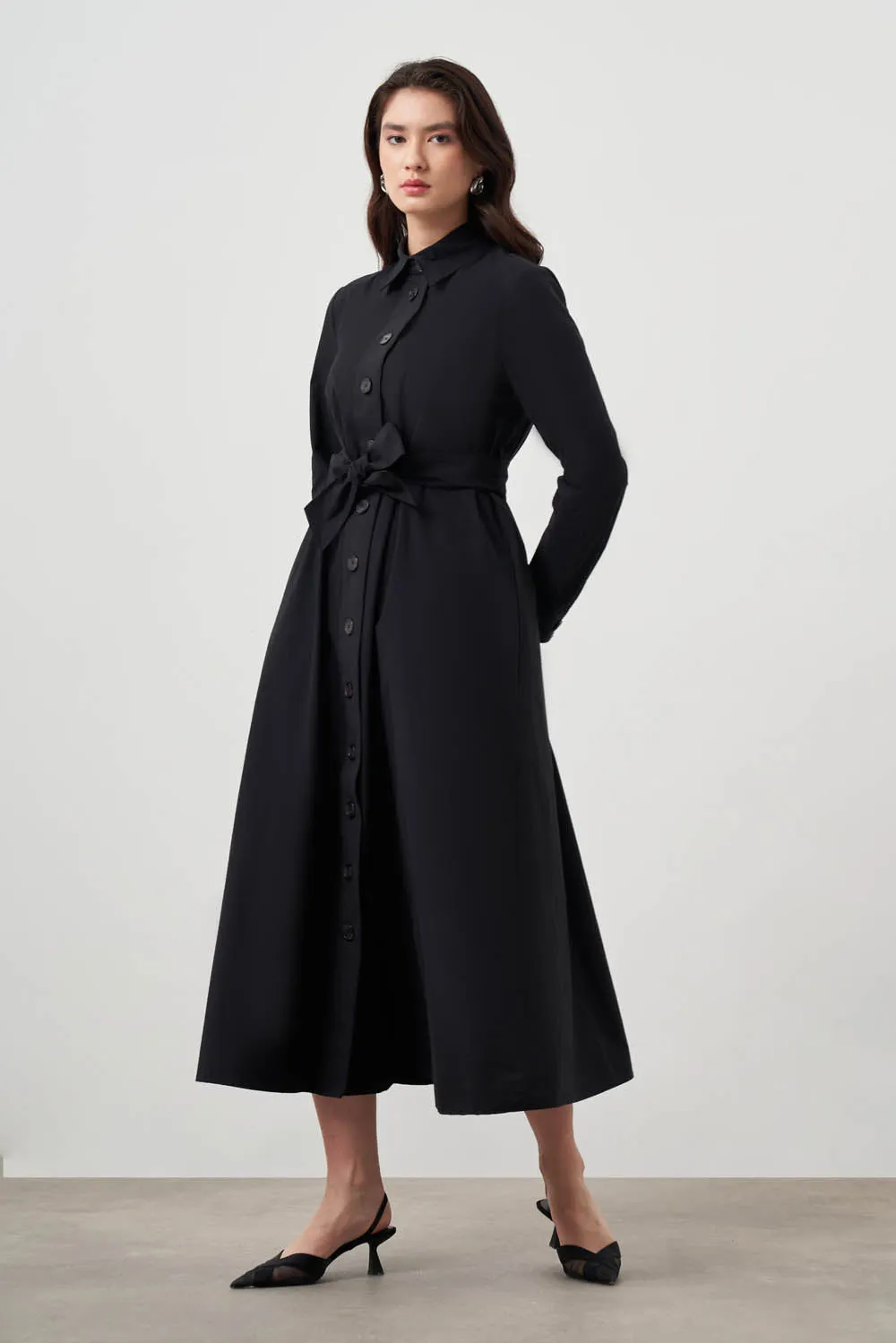 Mizalle Button Up Belted Dress Black Apparel