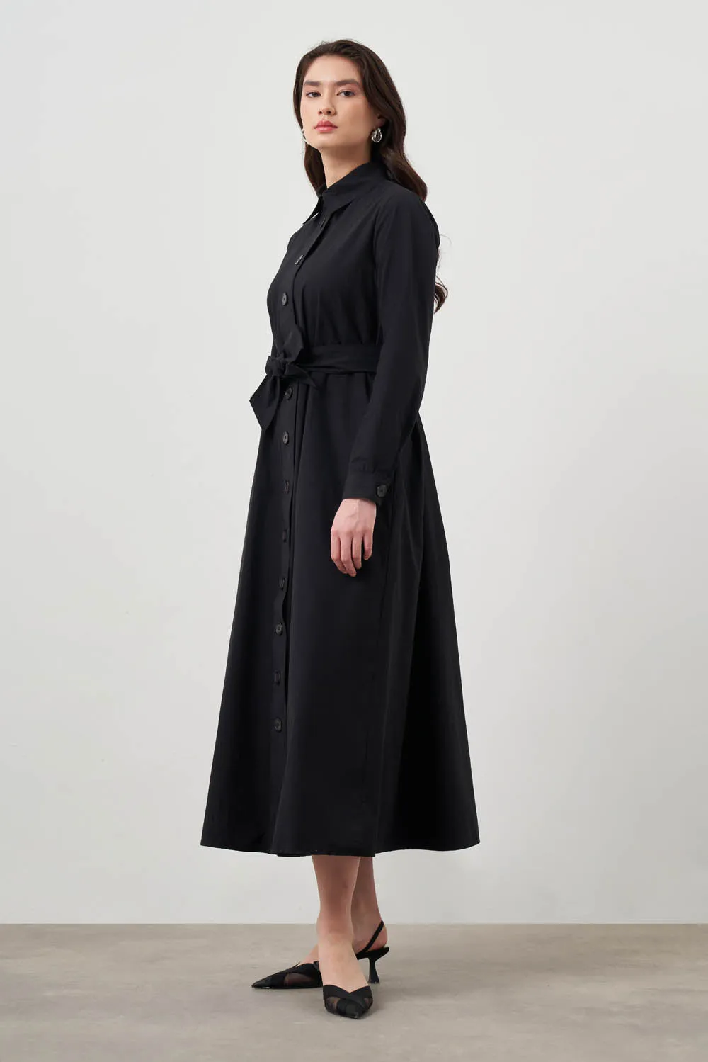 Mizalle Button Up Belted Dress Black Apparel
