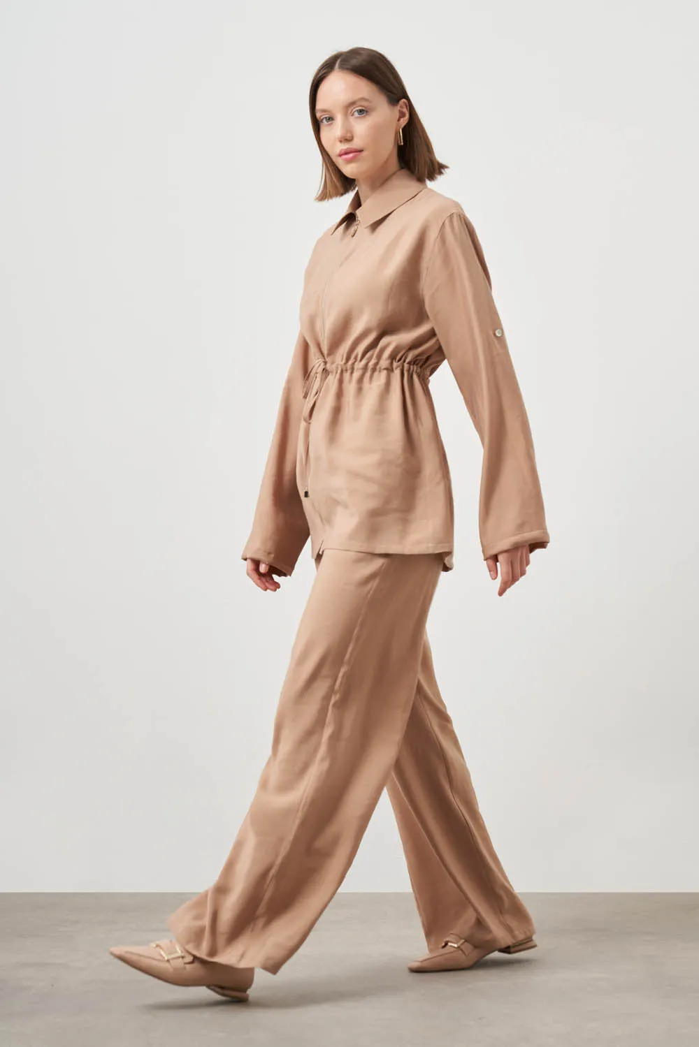 Mizalle Cinched Waist Shirt Jacket Beige Apparel