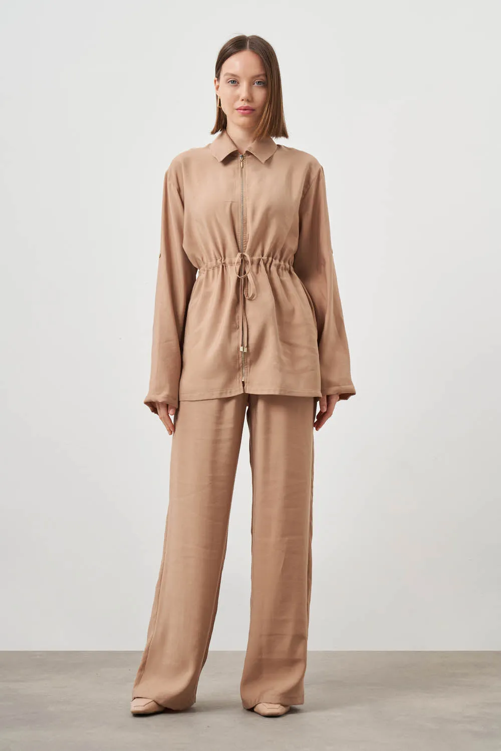 Mizalle Cinched Waist Shirt Jacket Beige Apparel