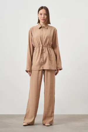Mizalle Cinched Waist Shirt Jacket Beige Apparel