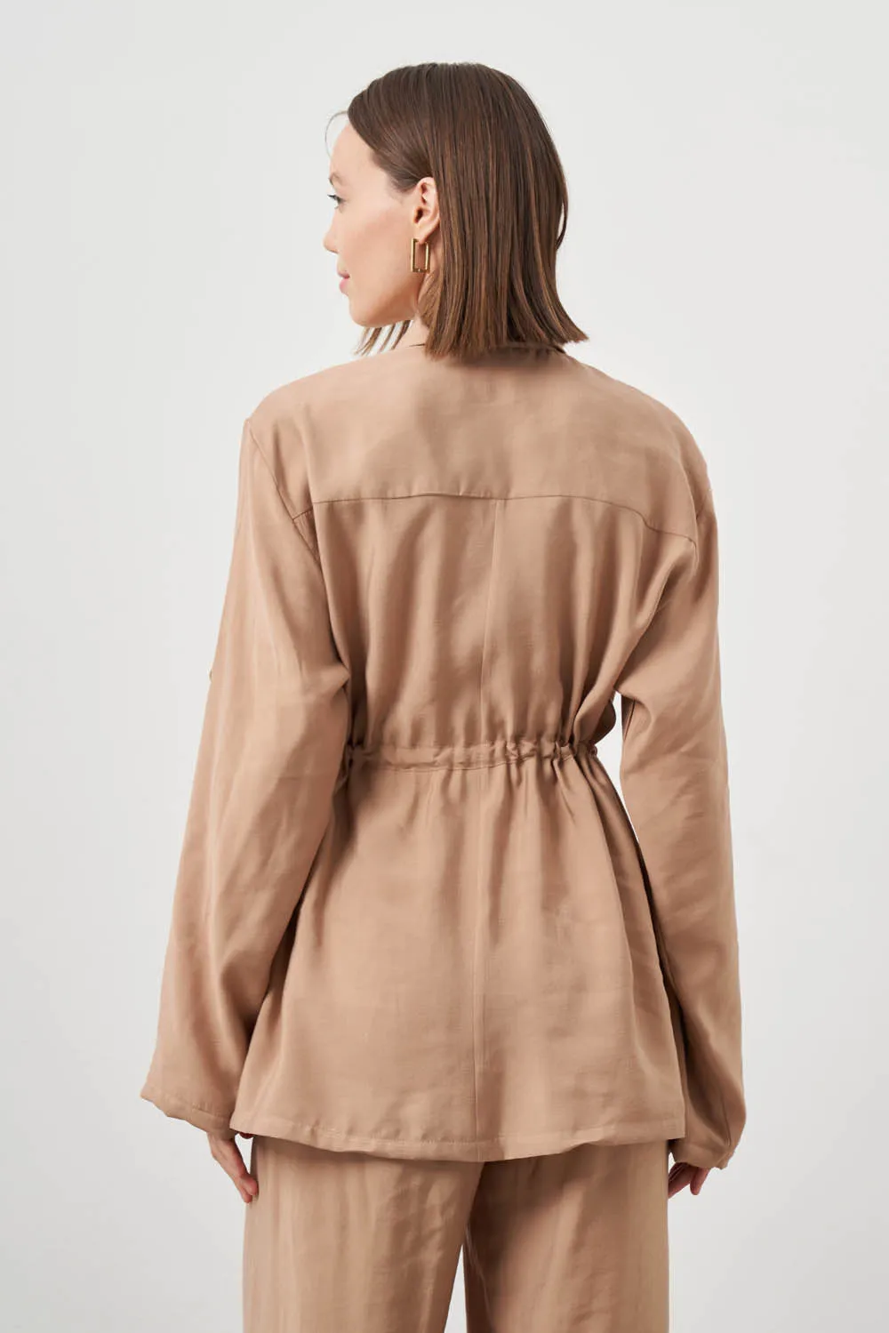 Mizalle Cinched Waist Shirt Jacket Beige Apparel
