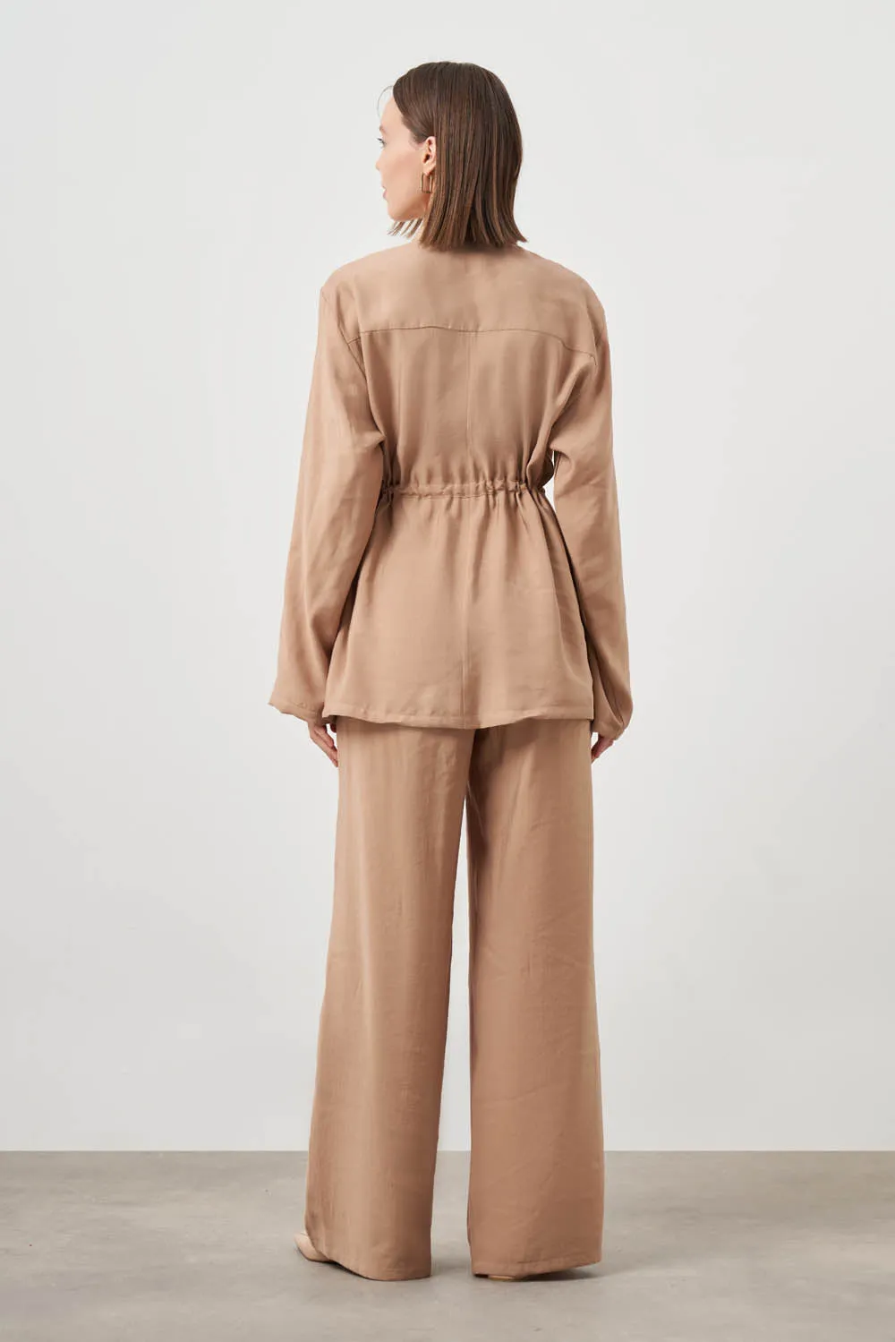 Mizalle Cinched Waist Shirt Jacket Beige Apparel
